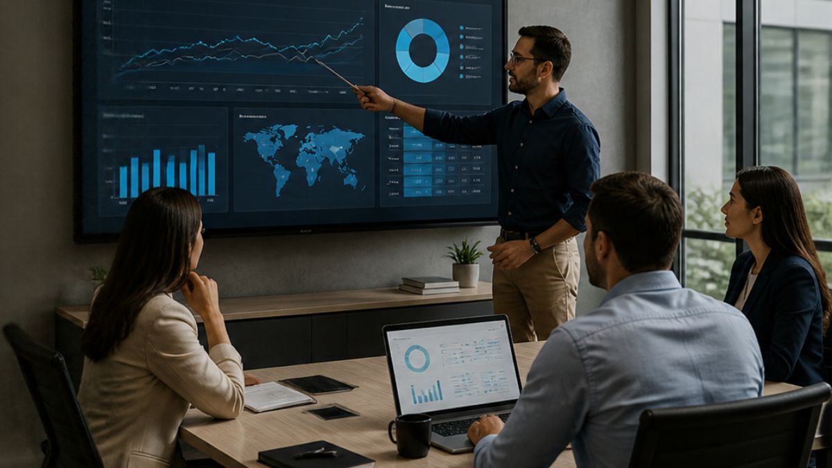 Equipe de uma empresa analisando indicadores integrados em um painel de dados